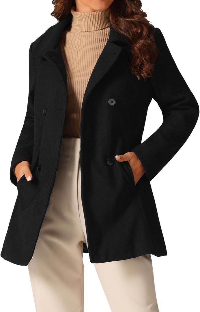 Seta T Women's Double Breasted Peacoat Long Sleeves Button Down Outerwear Winter Coat Short Coat (Black)