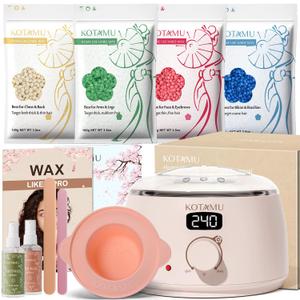 KOTAMU Waxing Kit for Women & Men, Wax Warmer for Hair Removal, Digital Wax Kit with Silicone PotIdeal for Face Eyebrow Arm Legs Armpit &Sensitive Skin, Pink Waxing Machine for Home Salon Use (3.5 Ounce (Pack of 4), Blush 03)