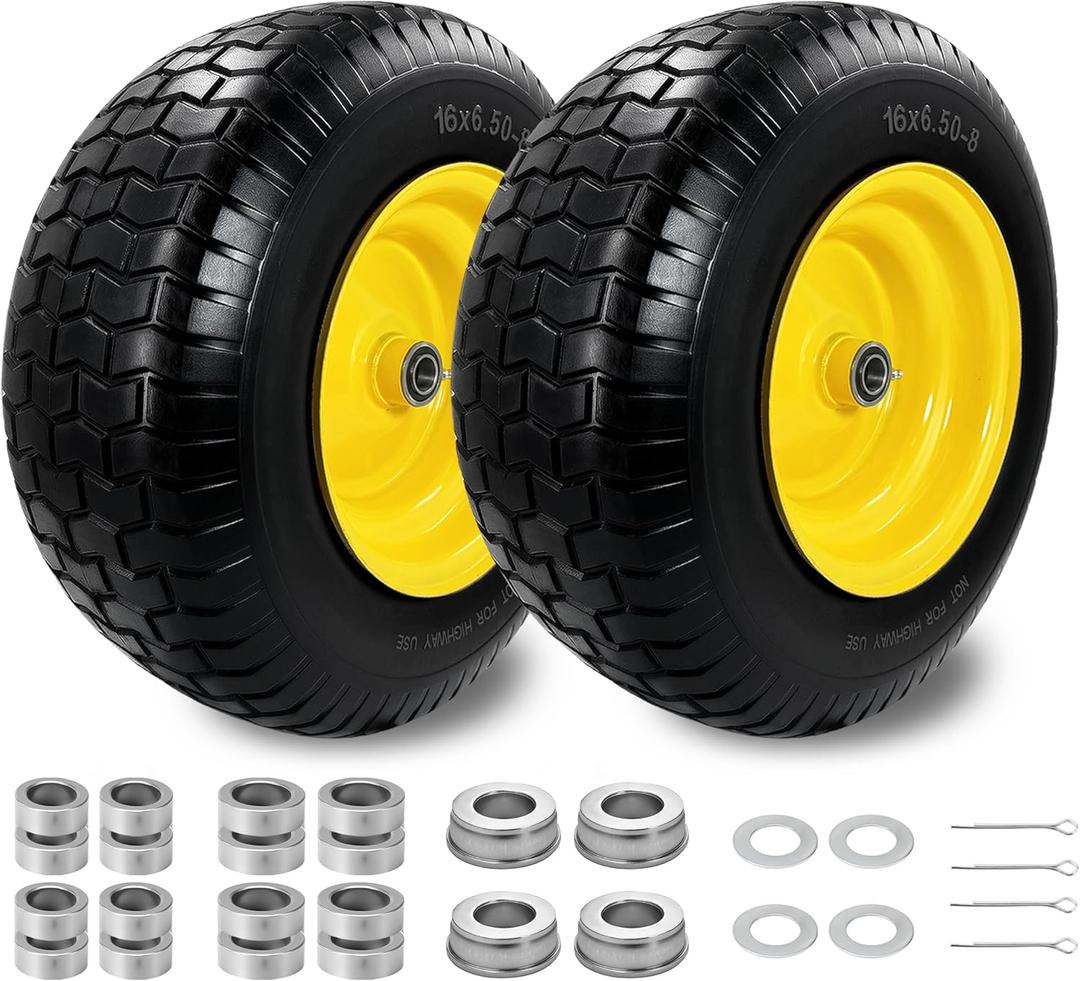2Pcs 16×6.50-8 Tire and Wheel with 1 Inch Axle, Fits 3/4" Bearing & 1" Bushing, 3-5" Offset Hub, Flat Free 16x6.5-8 Lawn Mower Tire For Lawn & Garden Riding Tractors Front Assembly Replacement, 550lbs
