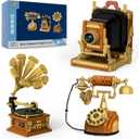 3 in 1 Building Block Sets, Retro Camera Telephone Record Player Building Toys, 1438 Pcs Vintage Collectible Model Kit for Home Office Decor, Nostalgic 80s Gift for Adults & Teens 14+