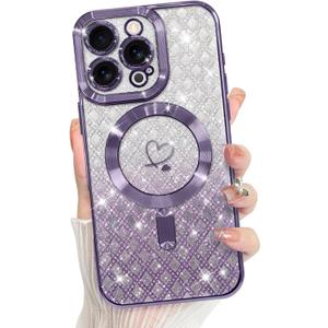 Bonoma Compatible with iPhone 16 Pro Max Case Support for MagSafe, Plating Heart Glitter Magnetic Checkered Case TPU Camera Protection Back Cover for Girls Women -Purple