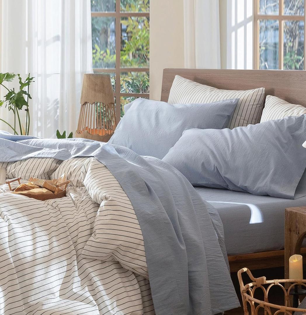 MooMee Bedding Sheet Set 100% Washed Cotton Linen Like Textured Breathable Durable Soft Comfy (Heathered Cornflower Blue, Queen)