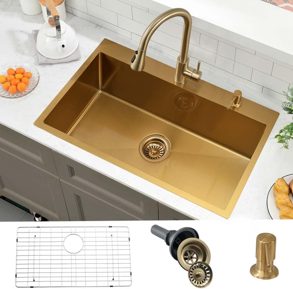 30 Inch Gold Kitchen Sink Drop In- Wesliv 30x18 Inch Kitchen Sink Drop in Sinks Stainless Steel Deep Single Bowl Gold Overmount Sink with Bottom Rinse Grid & Soap Dispenser, 30"x18"x9"