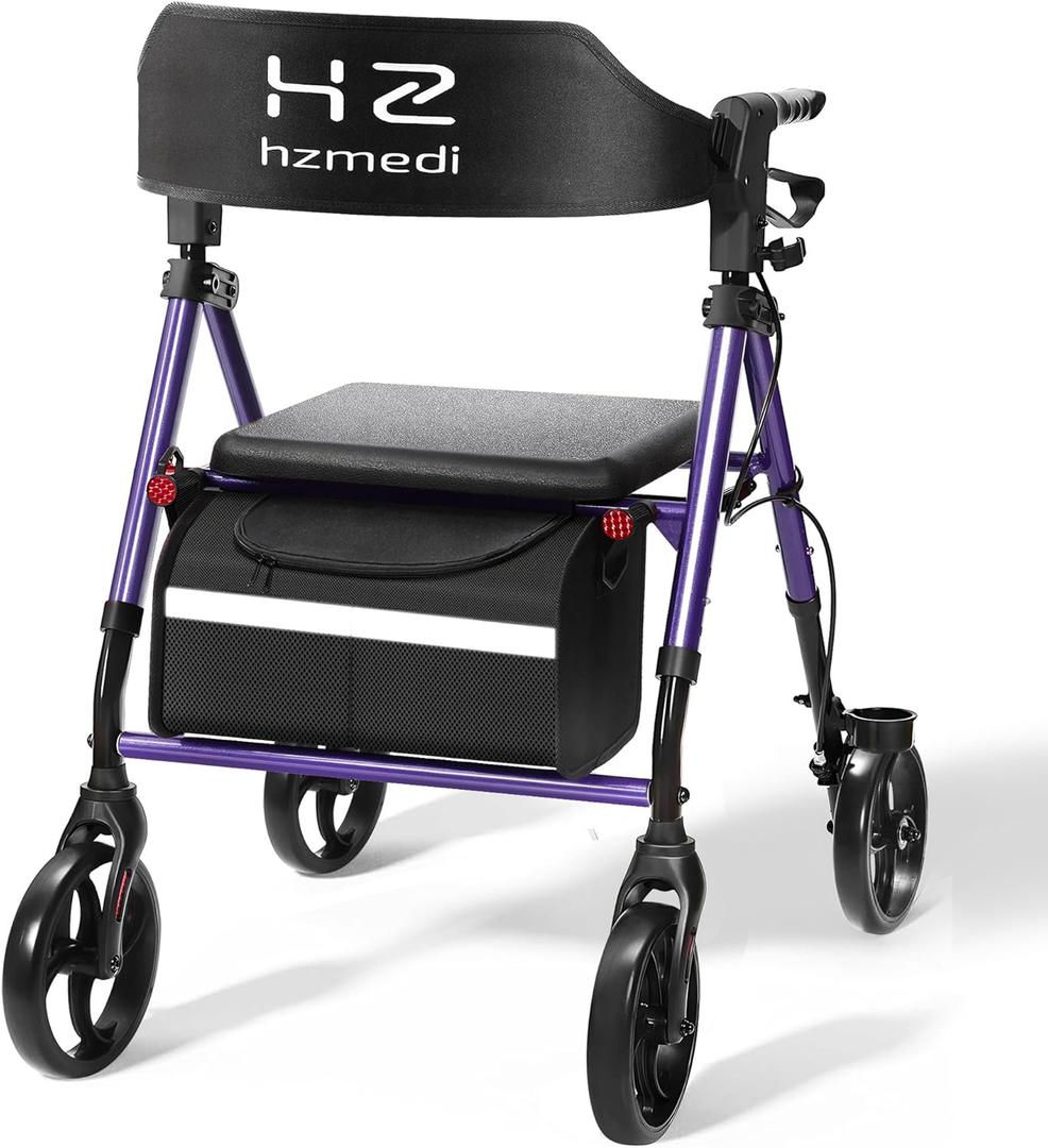 Walkers for Seniors, Foldable Rollator Walker with Durable Aluminum, Dual Adjustable Height Medical Rolling Walker 8" Wheels for All Terrain, Transport Chair with Seat and Backrest, Purple