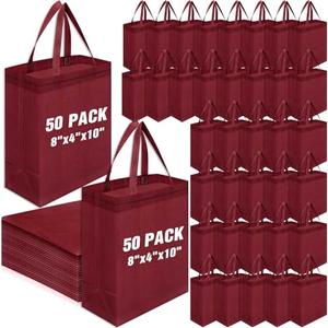 Windyun 50 Pcs Reusable Tote Bag Bulk 8 x 4 x 10 Inch Non Woven Shopping Bag with Handle Christmas Reusable Grocery Gift Tote (Wine Red)