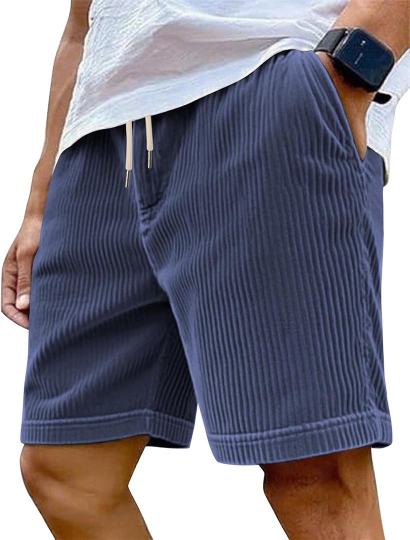 Mens Cargo Shorts Casual Drawstring Elastic Waist Corduroy Summer Beach Shorts with Pockets (Blue, S)