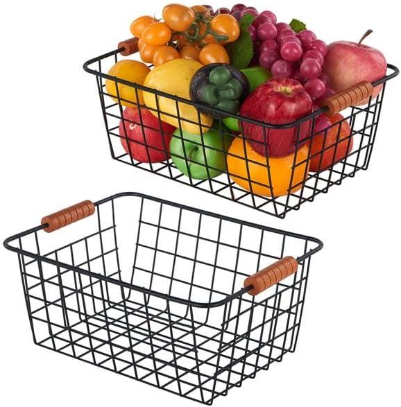 Wire Kitchen Storage Basket 1 Packs,Perfect Pantry Organization Accessories Baskets,Laundry Basket,With a Wooden handle,Suitable for Kitchen,Bathroom,Bedroom,Tabletop,Stackable,Black