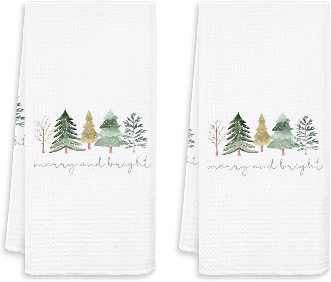 bitCNY Christmas Tree Kitchen Towels Set of 2 - Neutral Christmas Hand Towels, Christmas Dish Towels Neutral, Christmas Hand Towels for Bath,Merry and Bright Christmas Towel,16 x 24 Inch