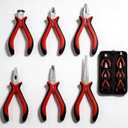 6-Piece Mini Pliers Set with Needle Nose, Linesman, Diagonal, Bent Nose, End Cutting, and Long Nose Pliers for Electronics Repair and Jewelry Making in Red and Black, Includes Storage Pouch
