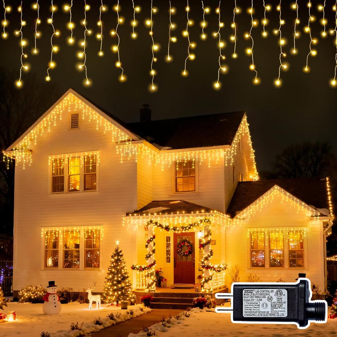 Christmas Outdoor Icicle Lights - 200 LED 21+16 FT 8 Modes Curtain Fairy String Light Plug in, Waterproof for Eaves Yard Holiday Xmas Holiday Indoor Outdoor Decoration - Warm White