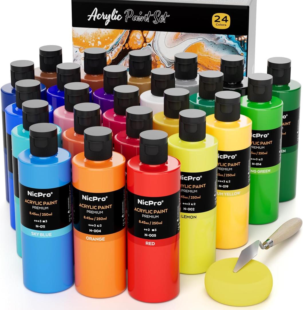 Nicpro 24 Colors Large Bulk Acrylic Paint Set (8.45 oz/250 ml), Rich Pigments Non Toxic, Bulk Painting Supplies for Artist Beginners on Canvas, Wood, Rock, Glass, Ceramic, Crafts with Color Wheel