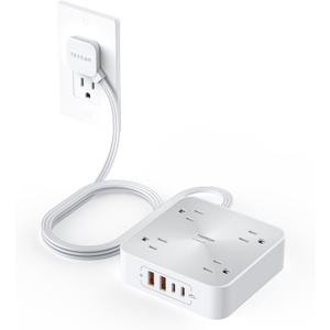 Surge Protector Power Strip 20W, TESSAN Flat Plug Thin Extension Cord 6 FT, Multiple Charging Station with 4 Outlets 4 USB(2 USB C), Mountable, Surge Protection for Home Office Dorm, Desk Accessories (Grey)