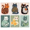 FEOFTIE Cat Wall Art Neutral Boho Poster Plants Retro Animal Pictures Print Green Posters Mid Century Printing Colorful Cat Art Vintage Orange Bedroom Bathroom 24x16 Inch Set of 6 Unframed