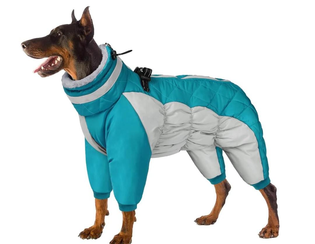 Full Body Dog Coat - Warm Fleece Jacket for Large Dogs, Turtleneck Winter Coats with Harness, Reflective Dog Snowsuit Windproof Puffer Jackets with Legs for Weimaraner, Turquoise XL