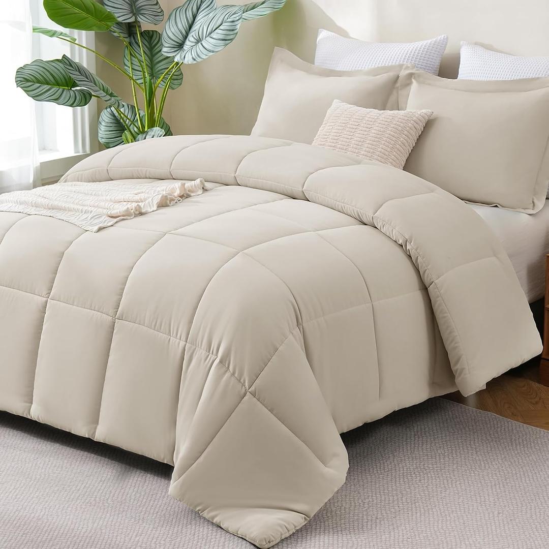 CozyLux Queen Size Comforter Sets Beige - 3 Pieces Box Stitched Queen Bed Set for All Seasons, Soft Lightweight Bedding Sets with 1 Down Alternative Comforter and 2 Pillow Shams