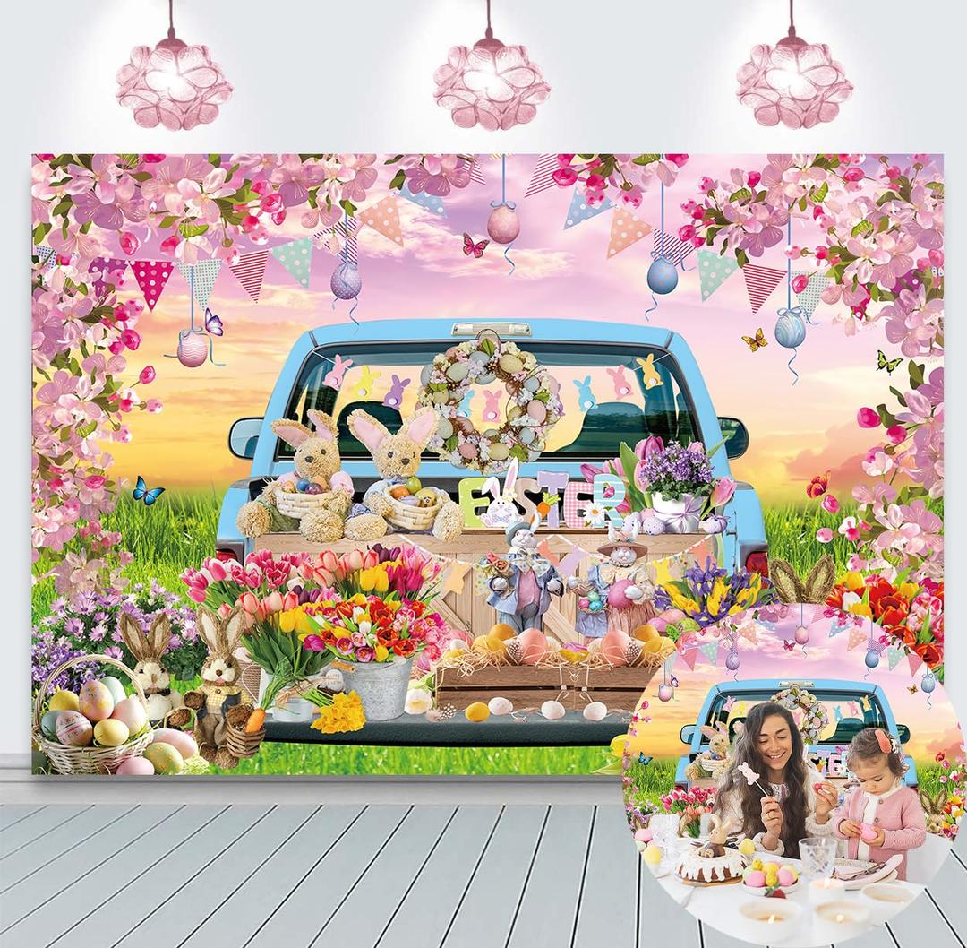 Spring Easter Backdrop Happy Easter Eggs Blue Car Floral Garden Photography Background Kids Children Baby Shower Birthday Home Party Decorations (7x5FT)