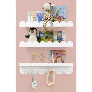 Wall Book Shelves for Bedroom Kids with Hooks - Scalloped Shelves for Nursery Set of 3, Nursery Bookshelf for Wall Room Decor, 16 Inch (White Wood)