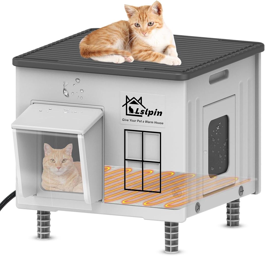 Indestructible Heated Cat House for Outside Cats Winter,Weatherproof & Insulated & Elevated Feral Cat House with Escape Door, Outdoor Indoor Cat Shelter for Stray Barn Cat 17.714.917.5