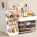 HBlife Makeup Organizer with Brush Holder for Vanity, Large Plastic Bathroom Countertop Organizer Skin Care Storage, Easy to Store Lipsticks, Nail Polishes, Perfumes, Eyeshadow Palettes, White