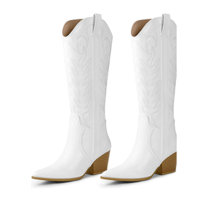 Arromic Cowboy Boots for Women Comfortable Womens Embroidered Western Cowgirl Knee High Boots Pointed Toe Zipper Chunky Heel Country Outfit Retro Tall Boots, Size 9