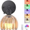 Vintage Battery Operated Wall Sconce with Amber Tulip Glass Lampshade Wireless Rechargeable Battery Powered Black Wall Light with Remote Control for Bedside Bedroom Doorway