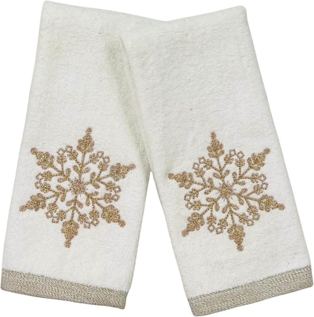 Serafina Home Holiday Bathroom Fingertip Towels  Set of 2 White 100% Cotton Embroidered Gold Snowflake Design  18x12 Decorative Bath & Kitchen Towels