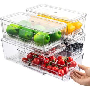 Imncya 4 Pack Fridge Organizer Drawers Bins, Clear Stackable Pull Out Refrigerator Drawer Organizer, Fridge Storage Container with Lids for Fruits, Vegetables, Drinks and Food