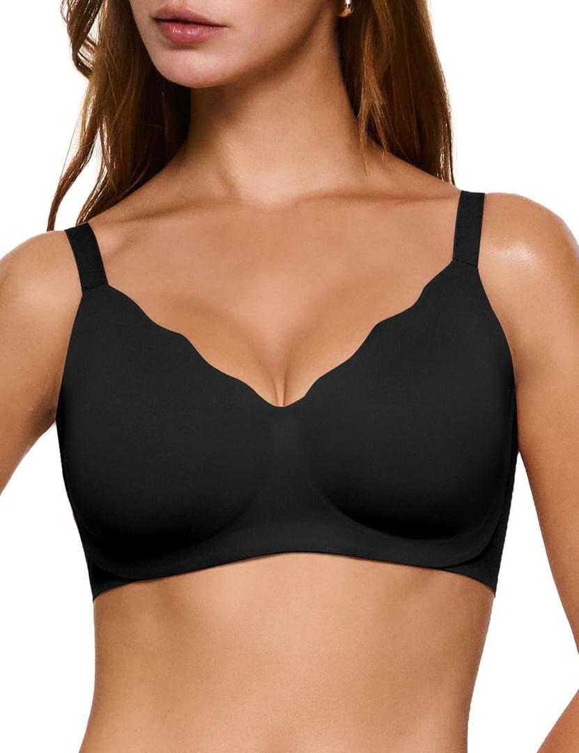 Women's Wireless Push Up Bra Scalloped No Underwire Comfortable Bras Full Coverage Seamless Tshirt Everyday Bralettes (Large, Black)