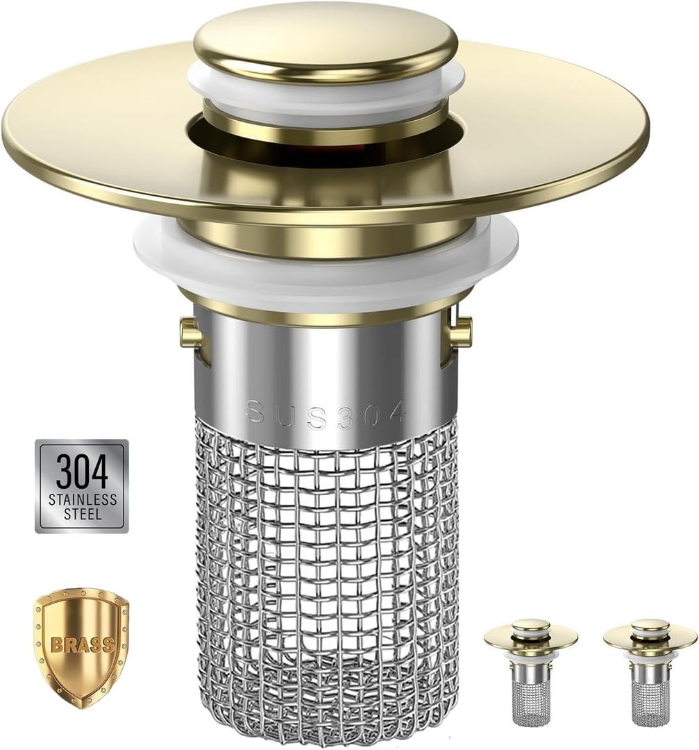 Sink Stopper Hair Catcher, Pop-up Sink Drain Strainer with Removable Stainless Steel Strainer Basket Hair Catcher, Bathroom Sink Strainer for Bathroom Sink Stopper Replacement(Brushed Gold-2PCS)