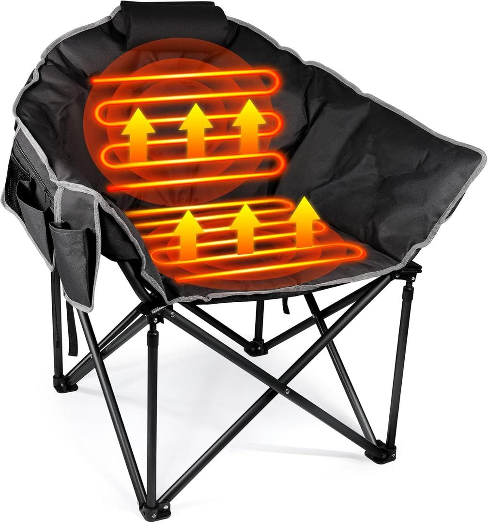 Suteck Oversized Heated Camping Chair - Fully Thicker Padded Heated Chairs for Outdoor Sports W/3 Heat Levels for Back & Seat, Heated Folding Chair for Adults with Carry Bag- Battery NOT Included, (Glossy Black)