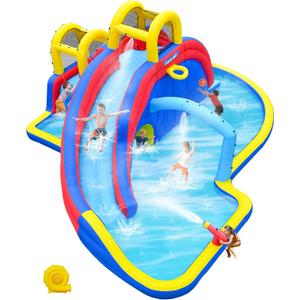 Inflatable Water Slide Bounce House with 650W Blower, 2 Climbing Walls, 2 Slides, 2 Splash Pool, Basketball Hoop, Water Gun, 216 x 194 Inch Blow Up Water Slides for Backyard Blue