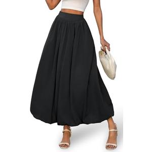 ELLEVEN Women's Bubble Maxi Skirt with Pockets，Elastic Waist Puffy Hem Y2k Skirt Casual A Line Long Skirts, M