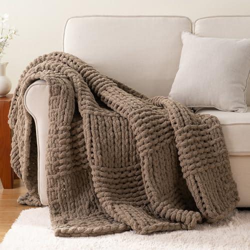 Bunnikins & Clover Beige Throw Blanket for Couch, Chunky Knit Beige Throw for Bed, Neutral Throw Blankets Tan Throw Blanket for Room Decor Housewarming Gifts, 50"x60"