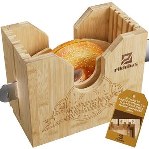 2025 Upgrade Bagel Slicer, Bamboo Bagel Cutter for Small and Large Bagels, Bread Slicer for Buns, English Muffins, 2 Adjustable Thickness, Anti-slip Mat, Ideal for Gift (No Knife) (Natural Bamboo Color)