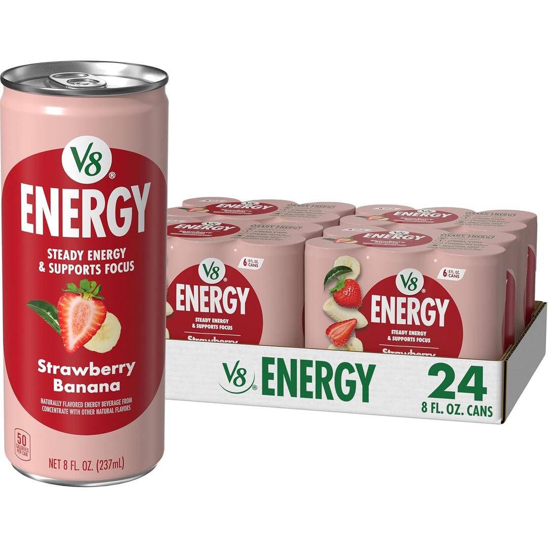 V8 Energy Strawberry Banana Juice Energy Drink, 8 fl oz Can (24 Pack), Best By 5/22/2026