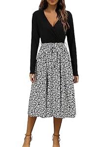OUGES Womens' Fall Dress 2024 Long Sleeve V Neck Ribbed Business Casual Outfits Teacher Midi Maternity Dresses with Pockets(Floral-4, XL)