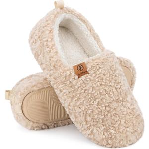 EverFoams Womens Soft Curly Full Slippers Memory Foam Lightweight House Shoes Cozy Loafer with Polar Fleece Lining (8.5, Khaki)