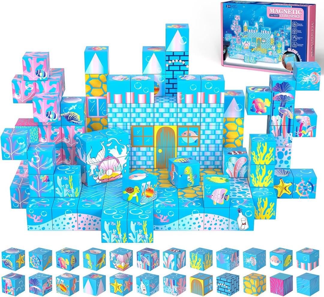 Magnetic Blocks - 140PCS Magnetic Building Blocks for Kids, 2025 Upgraded Light-Up Ocean World Magnet Cubes Set, STEM Building Toys for Boys Girls Toddlers Ages 3 4 5 6 7 8-12 Holiday Birthday Gifts