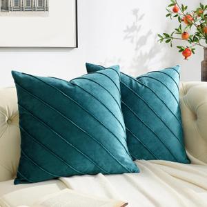 GIGIZAZA Decorative Velvet Pillow Covers 16x16, Set of 2 Teal Green Sofa Couch Throw Pillows Covers Cases, Living Room Square Cushion Accent Stripe Covers