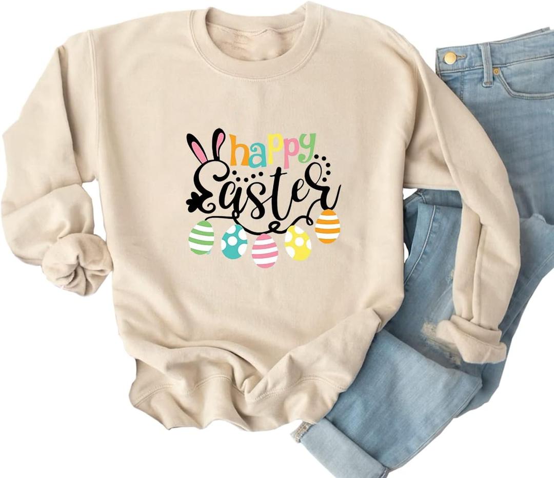 Ykomow Happy Easter Sweatshirt Women Long Sleeve Cute Bunny Rabbit Graphic Tees Pullover (Medium, Cream-3)