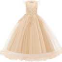 Girls Lace Pageant Party Dress Wedding Flower Girl Maxi Gowns Flower A Line Birthday Dance Evening Tulle Floor Length Skirt Champagne 7-8 Years