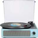 Vinyl Record Player with Speakers New Sleek Sky Blue Turntable Wireless Receiver Bluetooth Playback 3 Speed 3 Size AUX-in RCA Line Auto Stop All-in-one LP Phonograph for Beginner Classic Blue