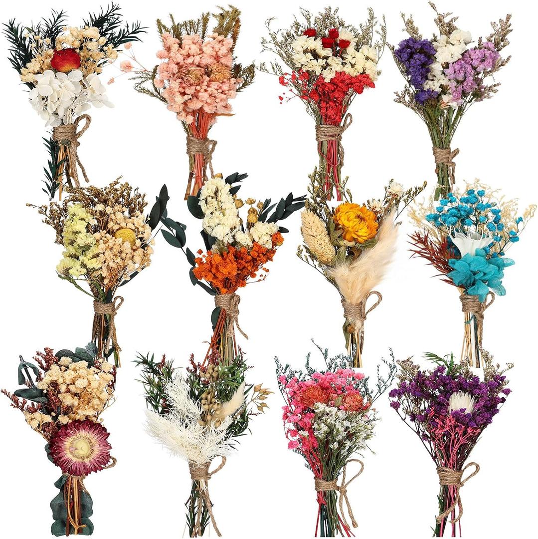 Layhit 12 Pcs Boho Dried Flower Bouquet Mini Wedding Handmade Dry Flowers Decor for Vase Crafts DIY Photo Boutonniere for Men Floral Plant for Bridesmaid Gift Birthday Decor(Colorful)