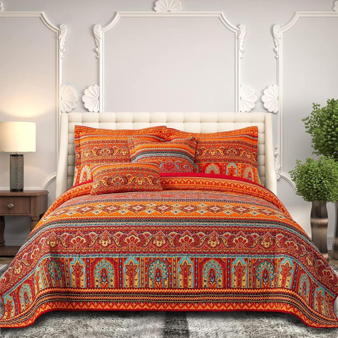 BEDIFANY Cotton King Size Quilt Set - Boho Lightweight King Bedspread - Colorful Orange Reversible Coverlets Quilt Bedding Sets - Oversized King Quilt Set for Bed Decorations for All Seasons, 3 Pieces (King (98 * 106 in))