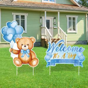 2Pcs Baby Shower Yard Sign with Stake Gender Reveal Yard Sign Blue Bear Lawn Decoration Welcome It's A Boy Lawn Decor Welcome Baby Boy Announcement Decor for Outdoor Gender Reveal Party