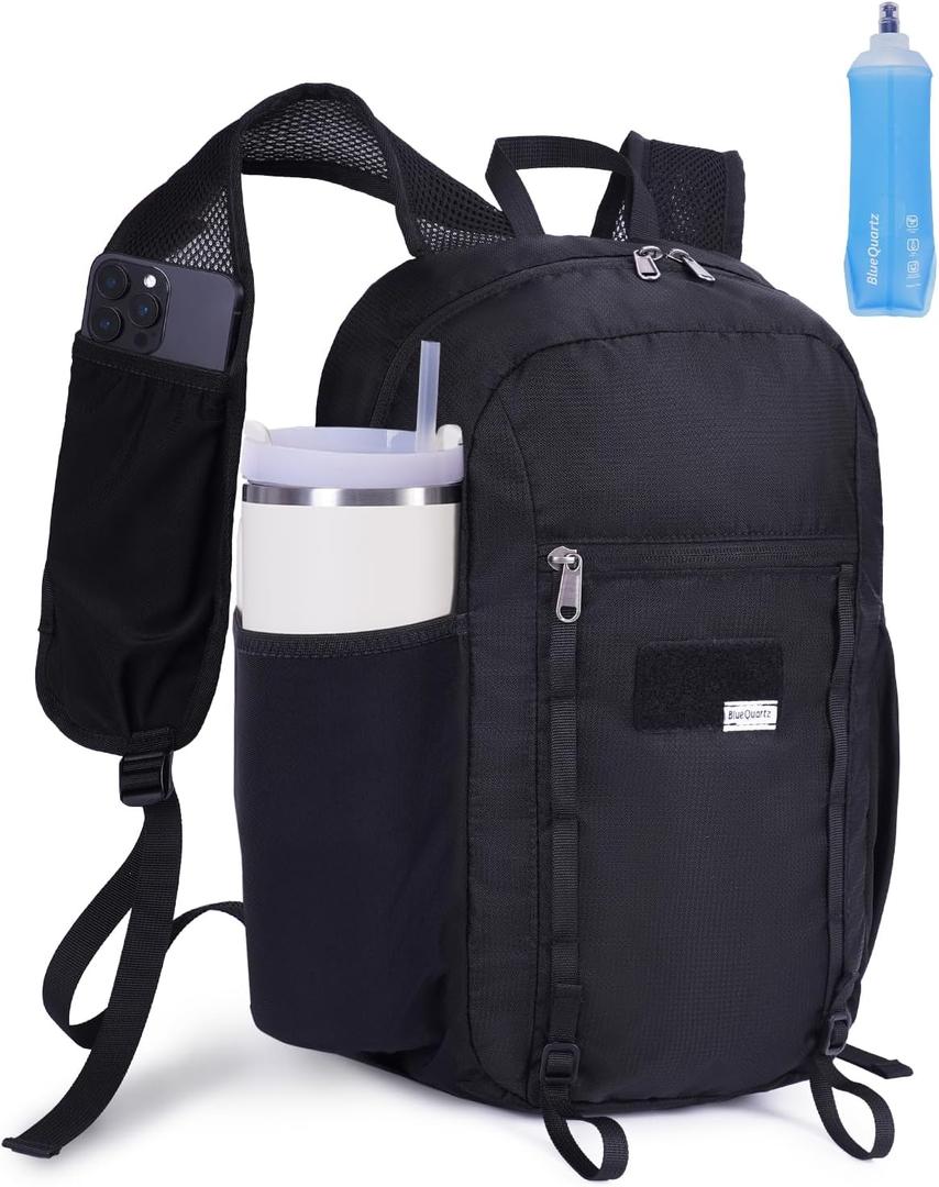 Blue Quartz 15L Hiking Backpack with Soft Flask, Ultralight Hiking Daypack with Chest Pockets for Phone Sternum Straps, Lightweight Foldable Packable Back Pack for Women Men(patent pending) (Black)