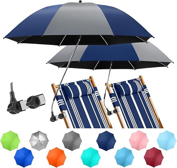 2 PACK Navy Blue Beach Umbrella with Clamp, 360 ° Adjustable Umbrellas for Chair, UPF50+ Umbrella for Beach Chair, Patio Chair, Wheelchair, Camping Chair, Golf Carts (Chair Not Included)