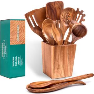HOWHONG Wooden Spoons for Cooking, Premium Acacia Wood Kitchen Utensil Set, Handmade Wooden Utensils for Nonstick Cookware, Heat Resistant, Smooth Finish, Comfortable Grip, with Holder, Gift Ready