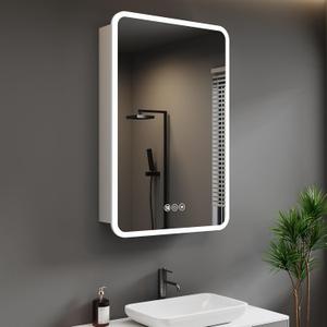 Medicine Cabinet with LED Lights and Mirror, 16 x 24 Inch Surface or Recessed Mounted Bathroom Cabinet with Door, Defogger, Memory Function, 3-Color Mode, Outlet&USB, Dimmer, Storage Shelf