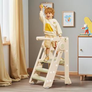 Foldable Toddler Tower Kitchen Step Stool for Sink Kids Adjustable Height Standing Tower for Children Montessori Learning Helper with Handles for Bathroom, Green